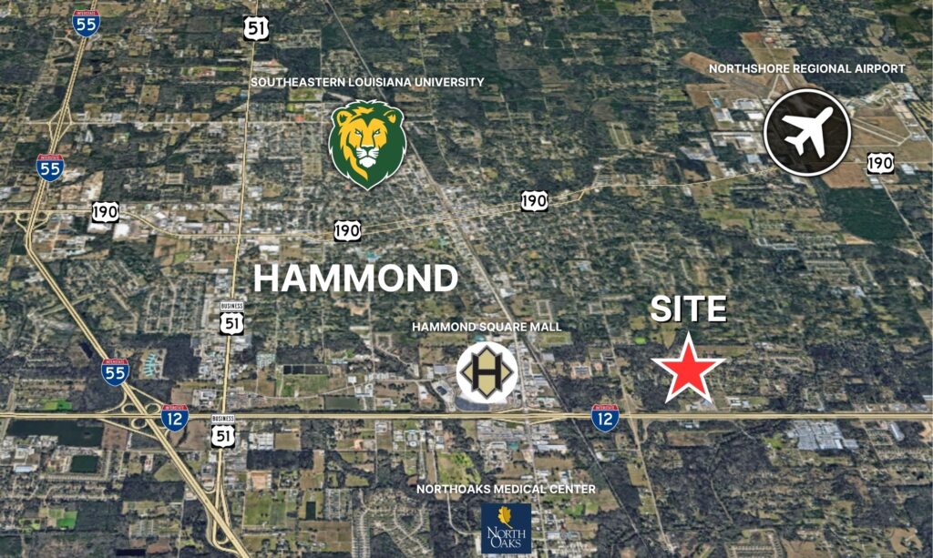 Map of surrounding commercial and retail amenities near the I-12 Regional Church & Event Campus in Hammond, Louisiana, highlighting nearby businesses, restaurants, hotels, Southeastern Louisiana University, and major access routes for visitors and congregations.