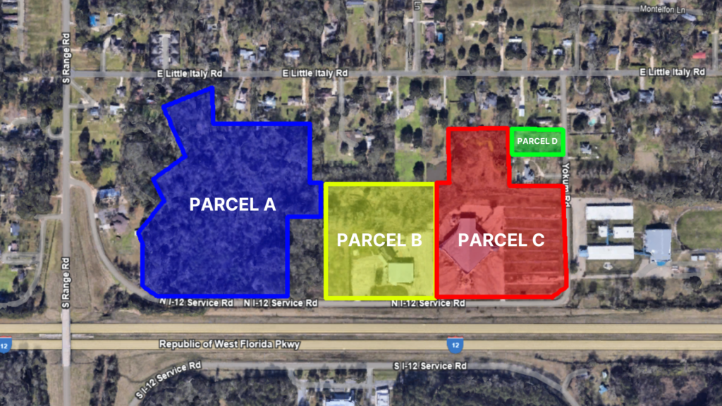 Site plan of the I-12 Regional Church & Event Campus in Hammond, LA, showing the subdivision of the ±36.71-acre property into four distinct parcels: Parcel A (vacant land), Parcel B (two auxiliary buildings), Parcel C (main sanctuary), and Parcel D (residential lot), all with I-12 Service Road frontage.