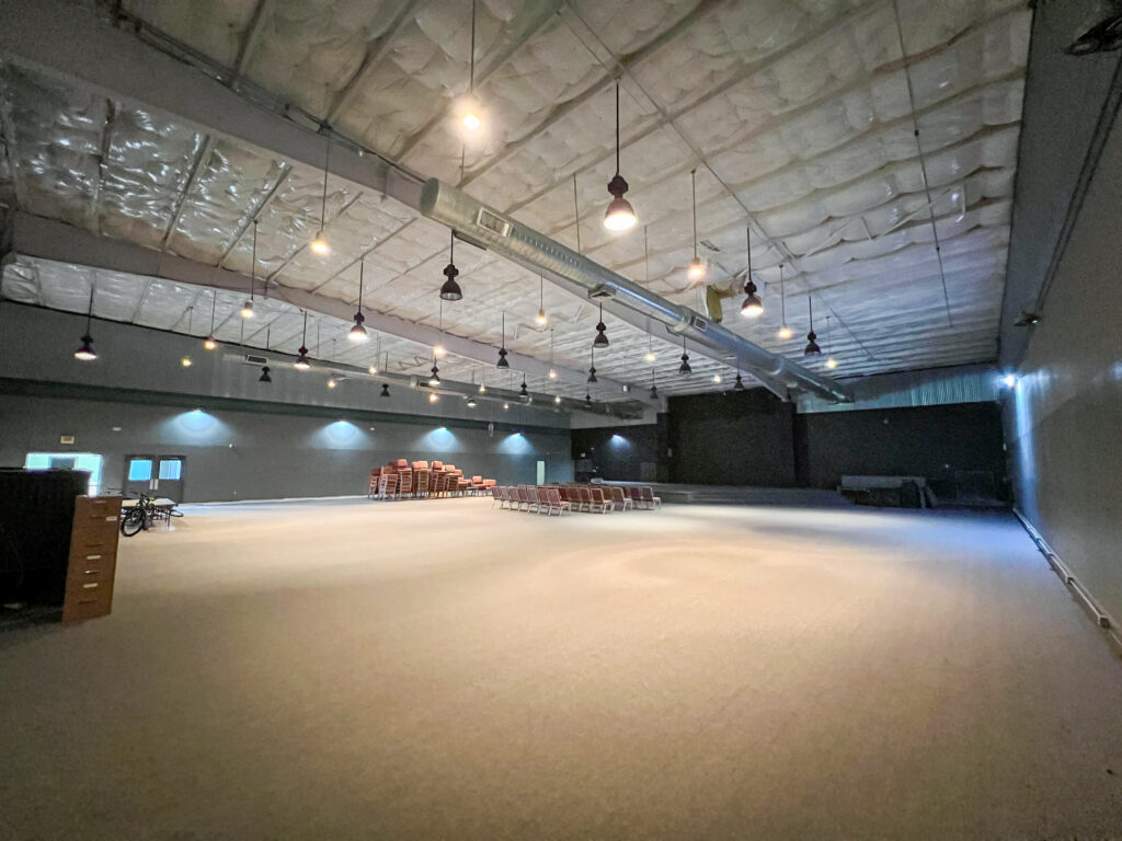 Interior view of Building 2 at the I-12 Regional Church & Event Campus in Hammond, LA, featuring seating for 450+, multiple classrooms, private offices, and flexible meeting spaces ideal for administrative functions, discipleship programs, or mid-size events.