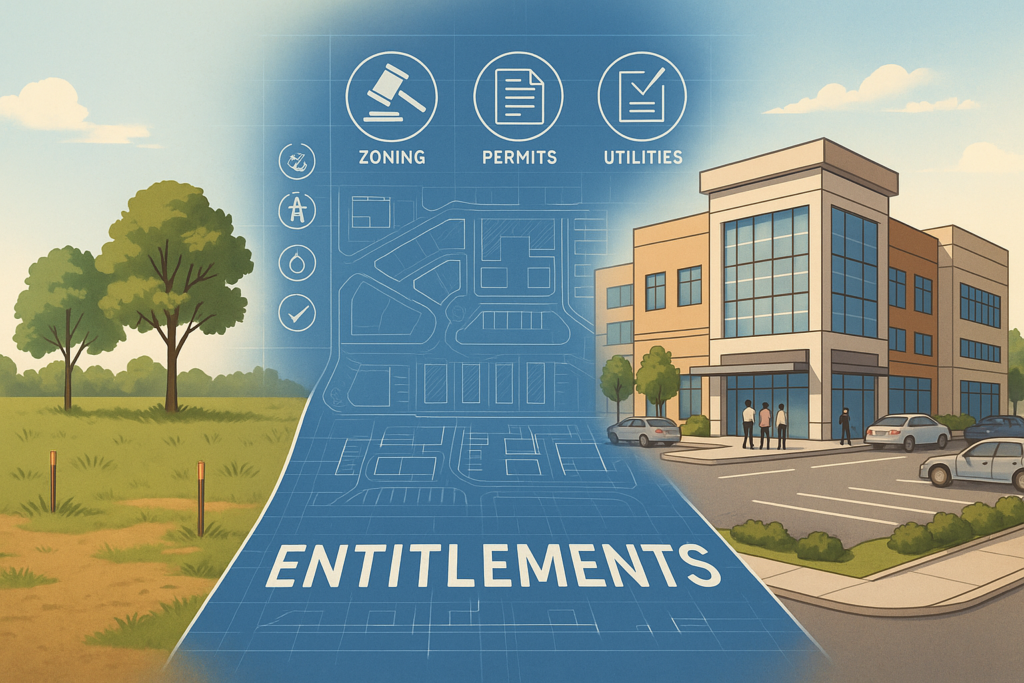 Real estate development concept showing entitlements as the bridge between raw land and a finished commercial property with zoning, permits, utilities, and approvals.