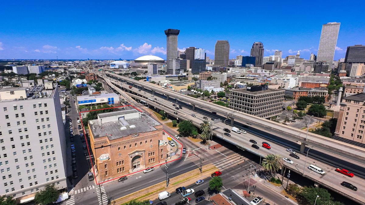 Wide aerial shot of Church of the King campus showing integration with surrounding neighborhood.