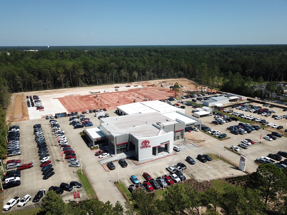 Aerial view of the Northshore Toyota service shop expansion construction project in Covington, Louisiana